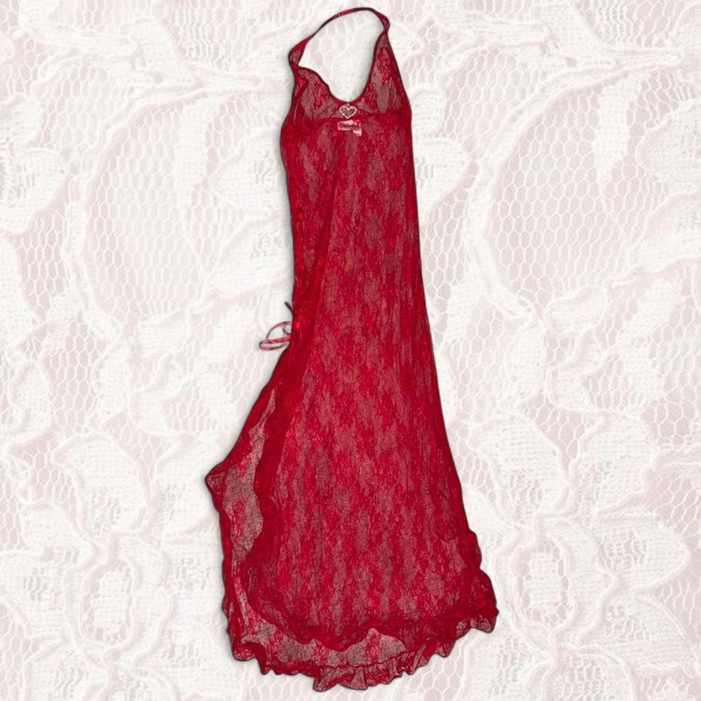 Rare Vintage Frederick's of Hollywood Red Lace Halter Maxi Dress